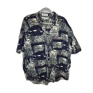 Columbia Men's Blue Green Fish Pattern Short Sleeve Button Down Shirt Size XL